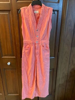 Etica Camden Denim Jumpsuit Living Coral Cropped V Neck Minimalist Size Extra SM
